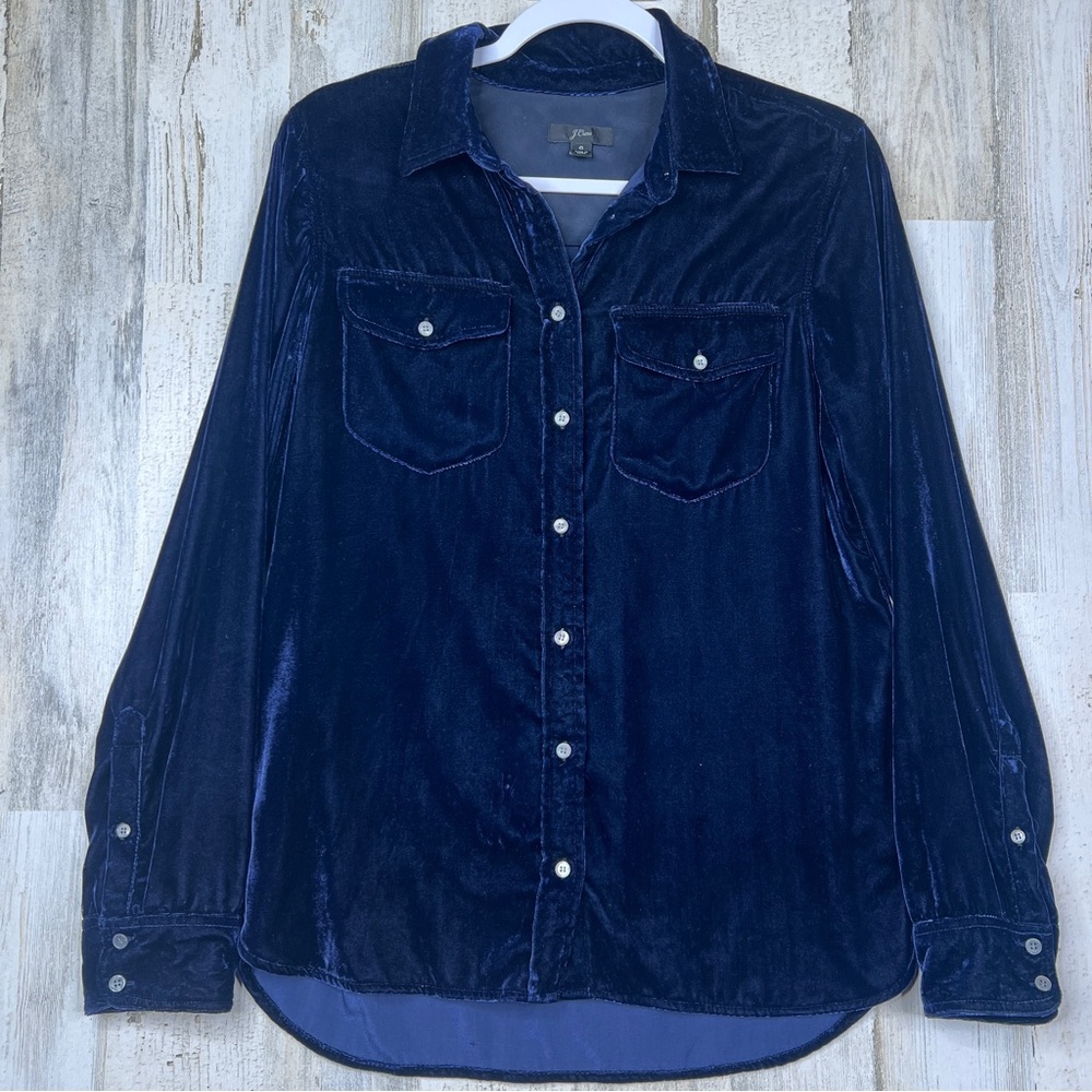 J Crew Blue Velvet‎ Button Front Shirt Size 6 Soft Velour Luxe Classic Chic Top